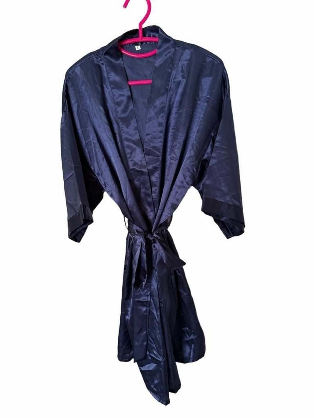 Lounge Satin Robe with Shawl Collar Waist Tie, Large, Navy